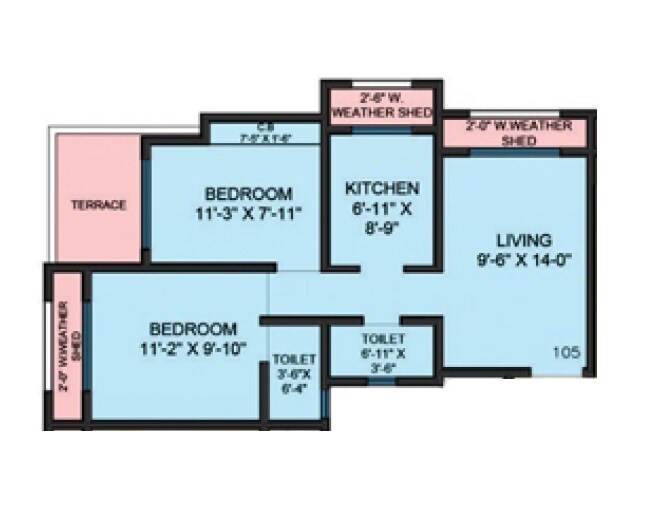Floor plan of 2 BHK 636 Sq. Ft. Apartment in Vinayak Mahavir Complex, Palghar