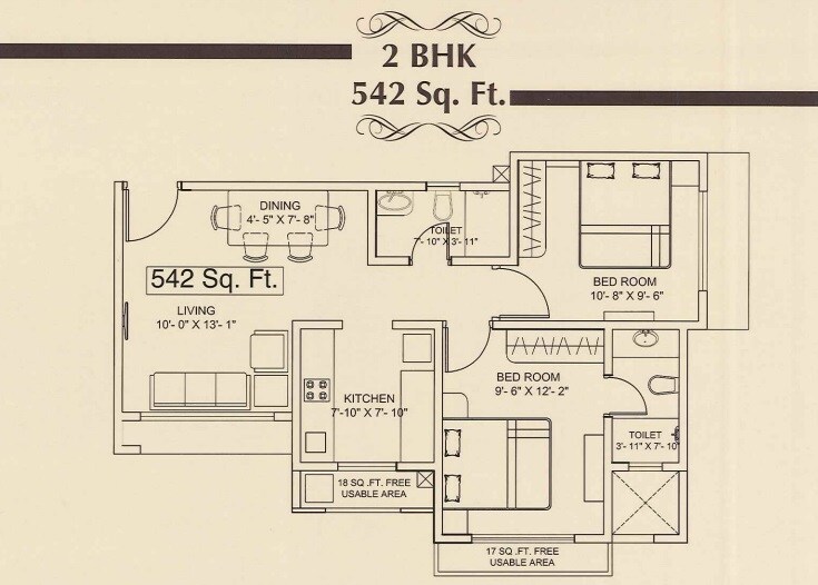 Floor plan of 2 BHK 542 Sq. Ft. Apartment in VIVA Vishnupuram Anand, Palghar