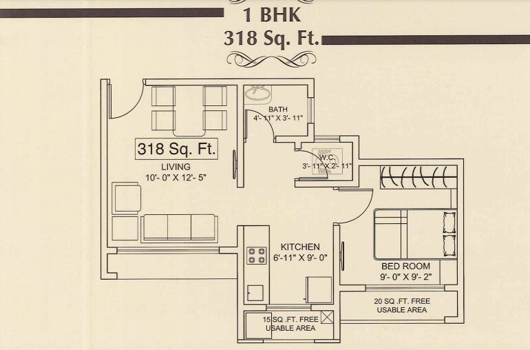 Floor plan of 1 BHK 318 Sq. Ft. Apartment in VIVA Vishnupuram, Palghar