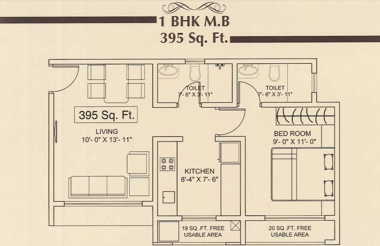 Floor plan of 1 BHK 395 Sq. Ft. Apartment in VIVA Vishnupuram, Palghar