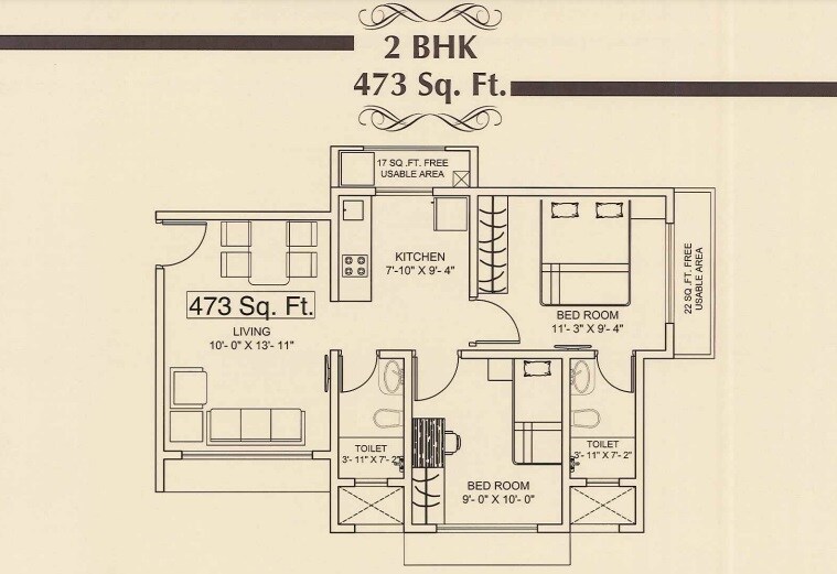 Floor plan of 2 BHK 473 Sq. Ft. Apartment in VIVA Vishnupuram, Palghar