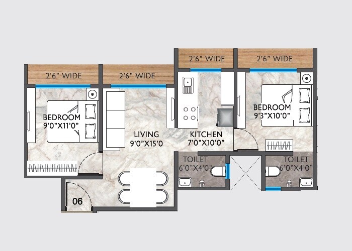 Floor plan of 2 BHK 559 Sq. Ft. Apartment in VM Haridham, Palghar