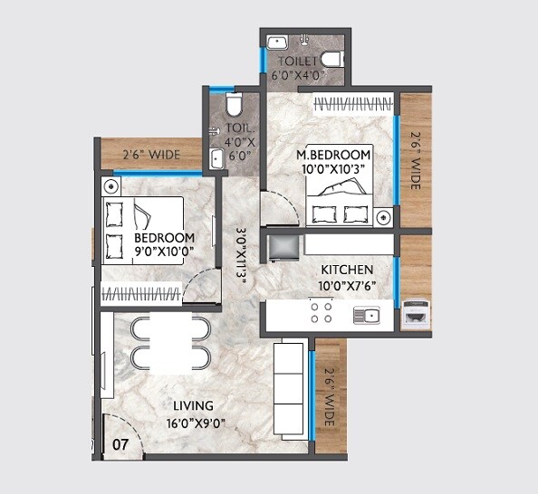 Floor plan of 2 BHK 625 Sq. Ft. Apartment in VM Haridham, Palghar