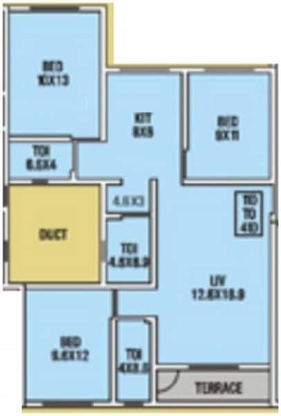 Floor plan of 3 BHK 1360 Sq. Ft. Apartment in Wadhwana Housing Tirupati Grande, Palghar