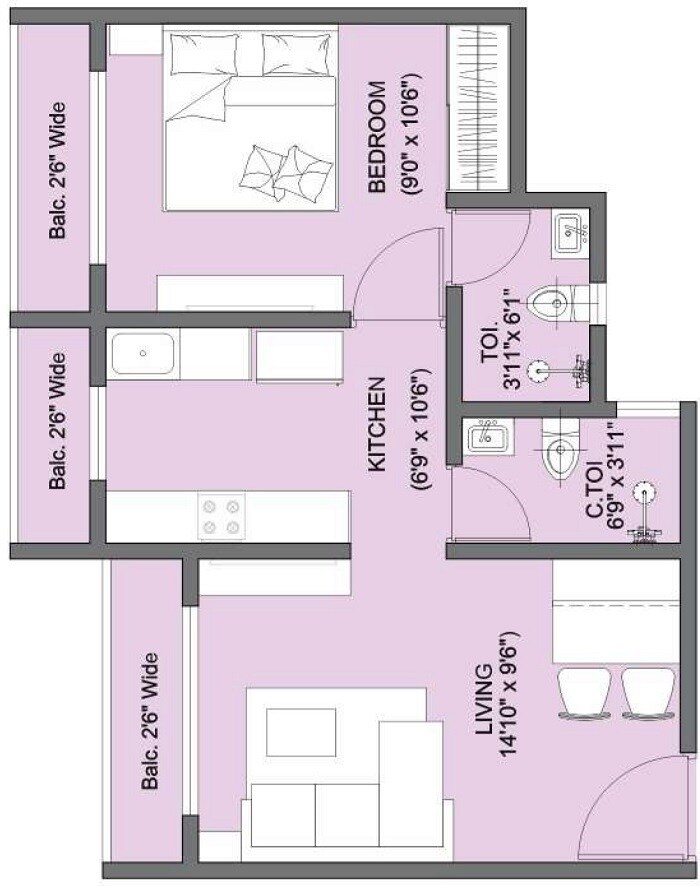 Floor plan of 1 BHK 488 Sq. Ft. Apartment in Wonder Park, Palghar
