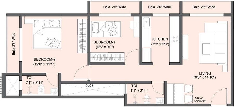 Floor plan of 2 BHK 696 Sq. Ft. Apartment in Wonder Park, Palghar
