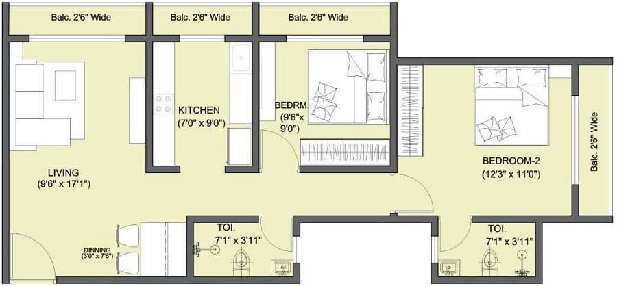 Floor plan of 2 BHK 719 Sq. Ft. Apartment in Wonder Park, Palghar
