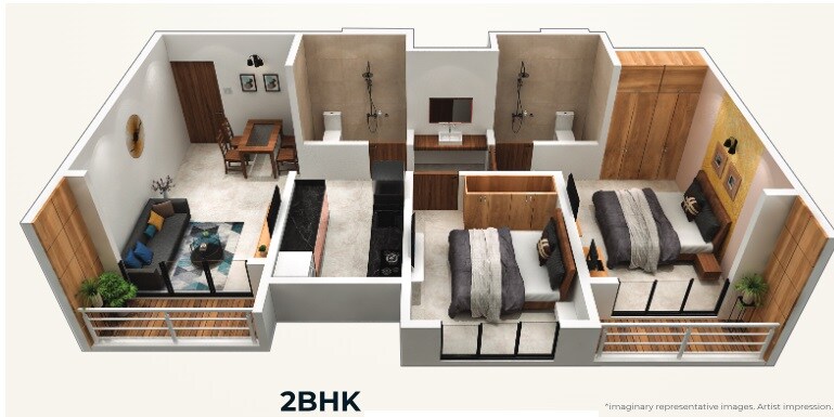 Floor plan of 2 BHK 505 Sq. Ft. Apartment in Yashobhumi Yesha Arcadia, Palghar