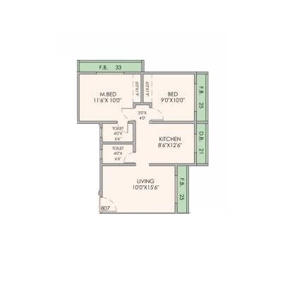 Floor plan of 2 BHK 592 Sq. Ft. Apartment in Yashwant Avenue, Palghar