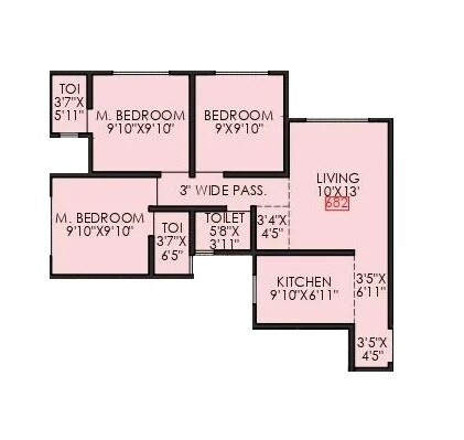 Floor plan of 3 BHK 682 Sq. Ft. Apartment in Yashwant Avenue, Palghar