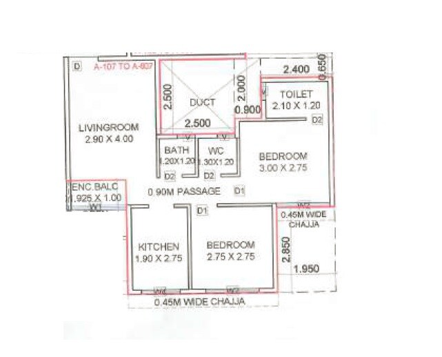 Floor plan of 2 BHK 350 Sq. Ft. Apartment in Yosh Empire, Palghar