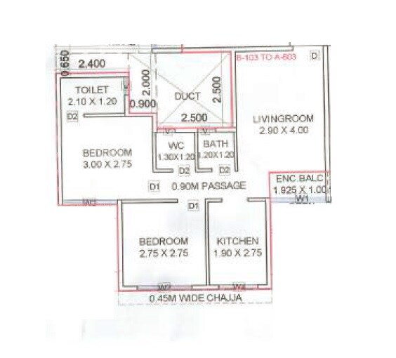 Floor plan of 2 BHK 500 Sq. Ft. Apartment in Yosh Empire, Palghar