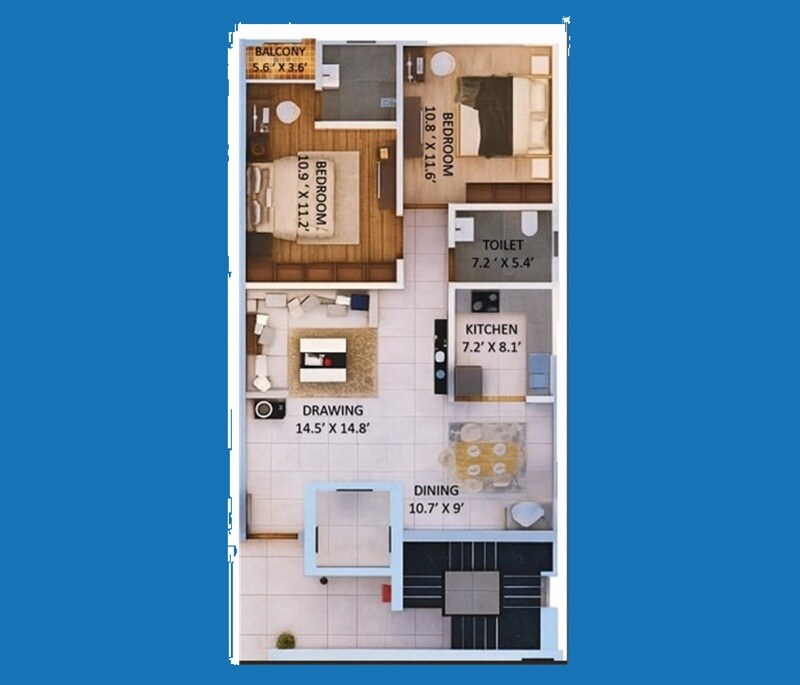 Floor plan of 2 BHK 1065 Sq. Ft. Apartment in Satyamev Heights, Patna