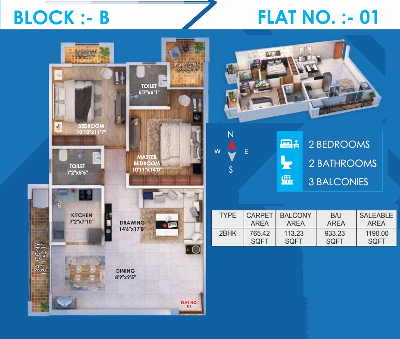 Floor plan of 2 BHK 1190 Sq. Ft. Apartment in Satyamev Heights, Patna