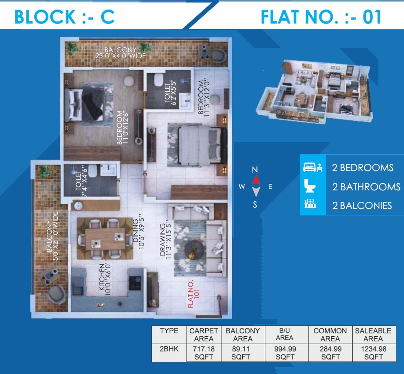 Floor plan of 2 BHK 1235 Sq. Ft. Apartment in Satyamev Heights, Patna