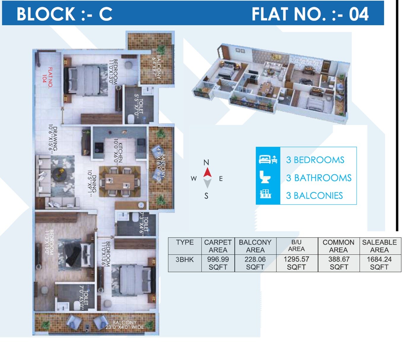 3 BHK 1684 Sq. Ft. Apartment