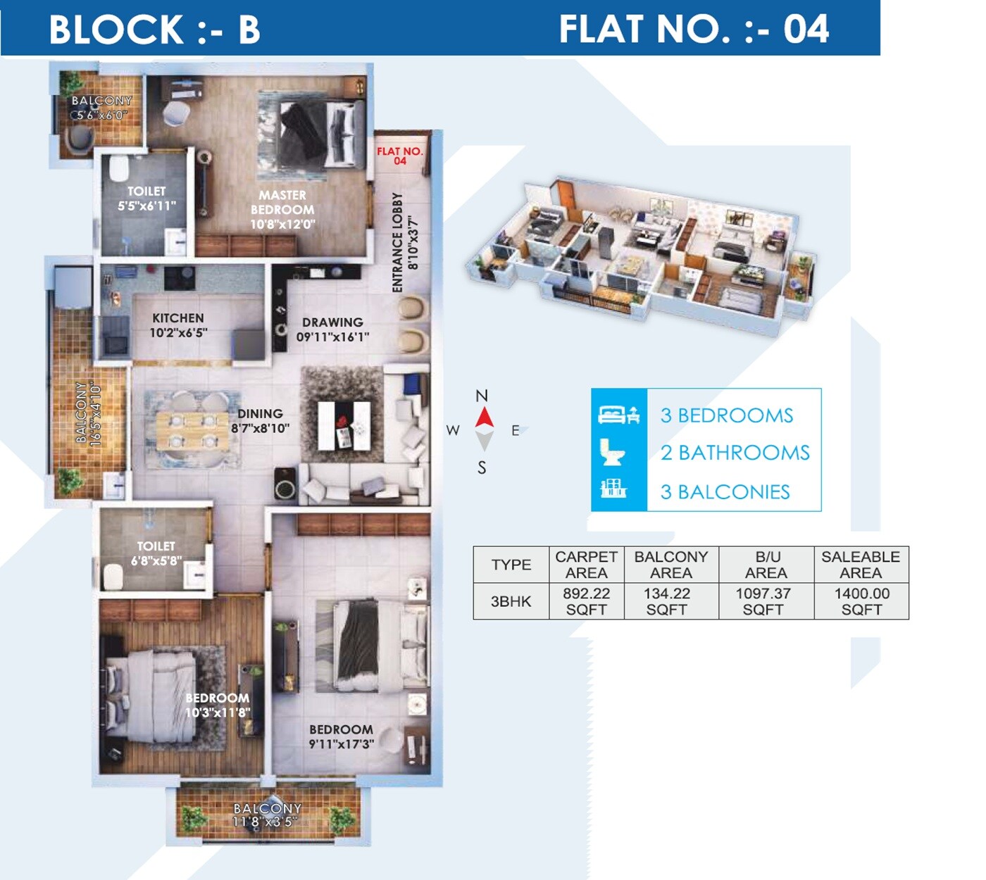 3 BHK 1400 Sq. Ft. Apartment