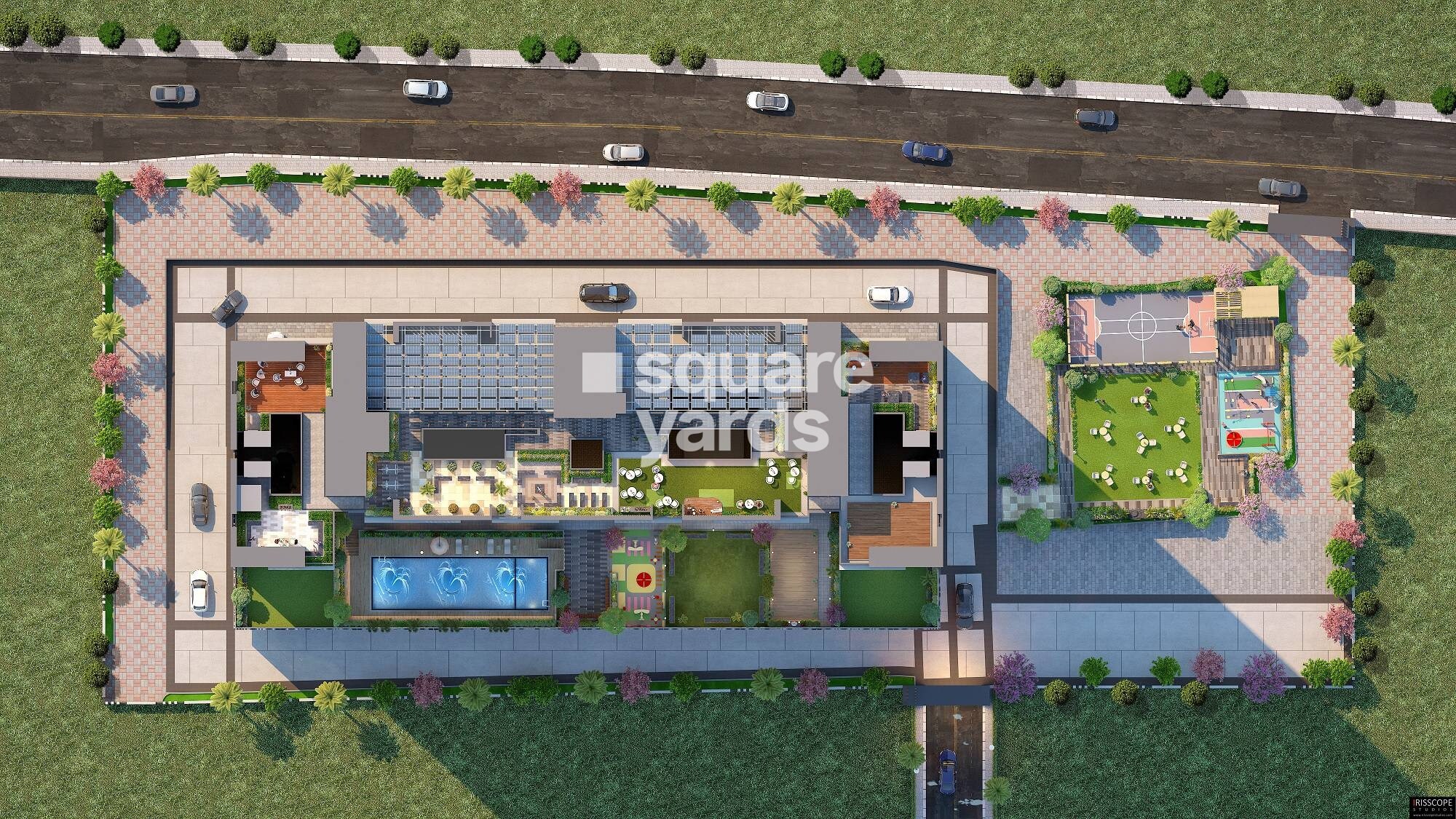 Aishwaryam-57-Elevate_a street view of a city with a train on the tracks