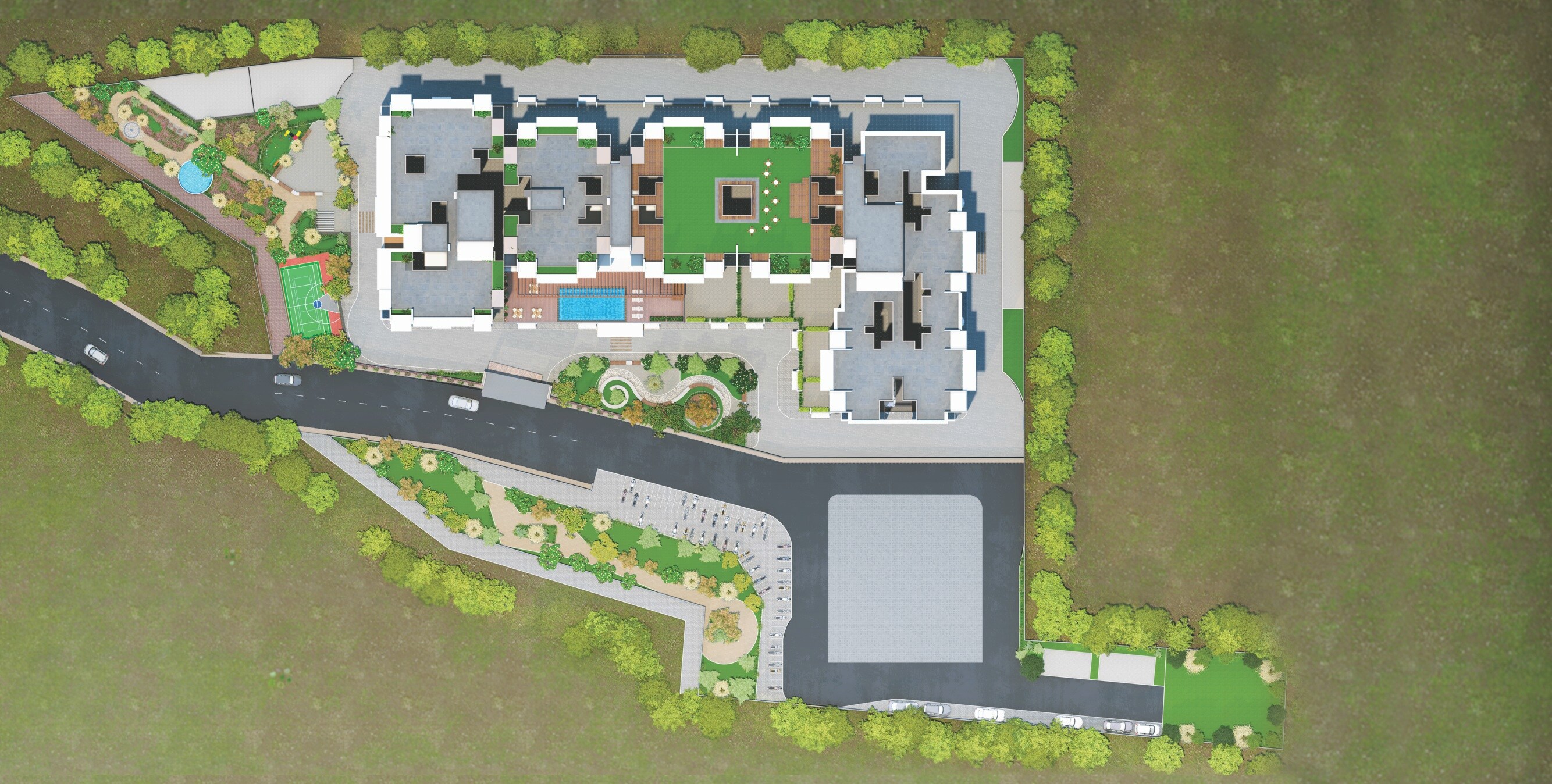 Akanksha-The-Camelia_an aerial view of a large building with a train on top of it