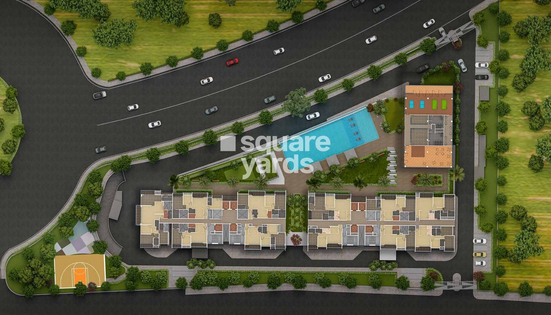 Amanora-Crown-Towers_an aerial view of a city with a train on the tracks