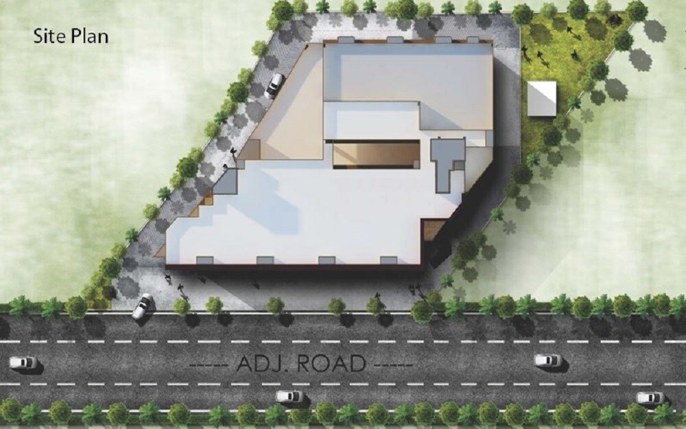 Gera-Imperium-Oasis_an aerial view of a building with a train on it