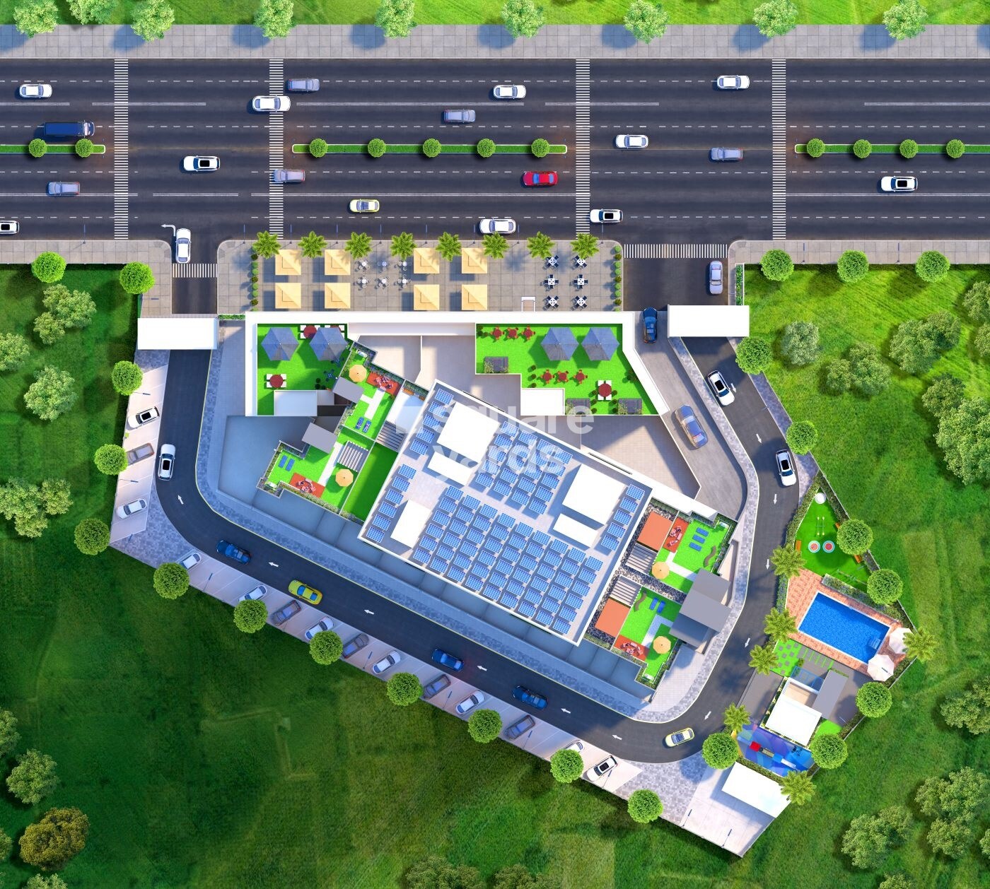 Kanifnath-Royal-KP-Stellar_an aerial view of a soccer field with a stadium