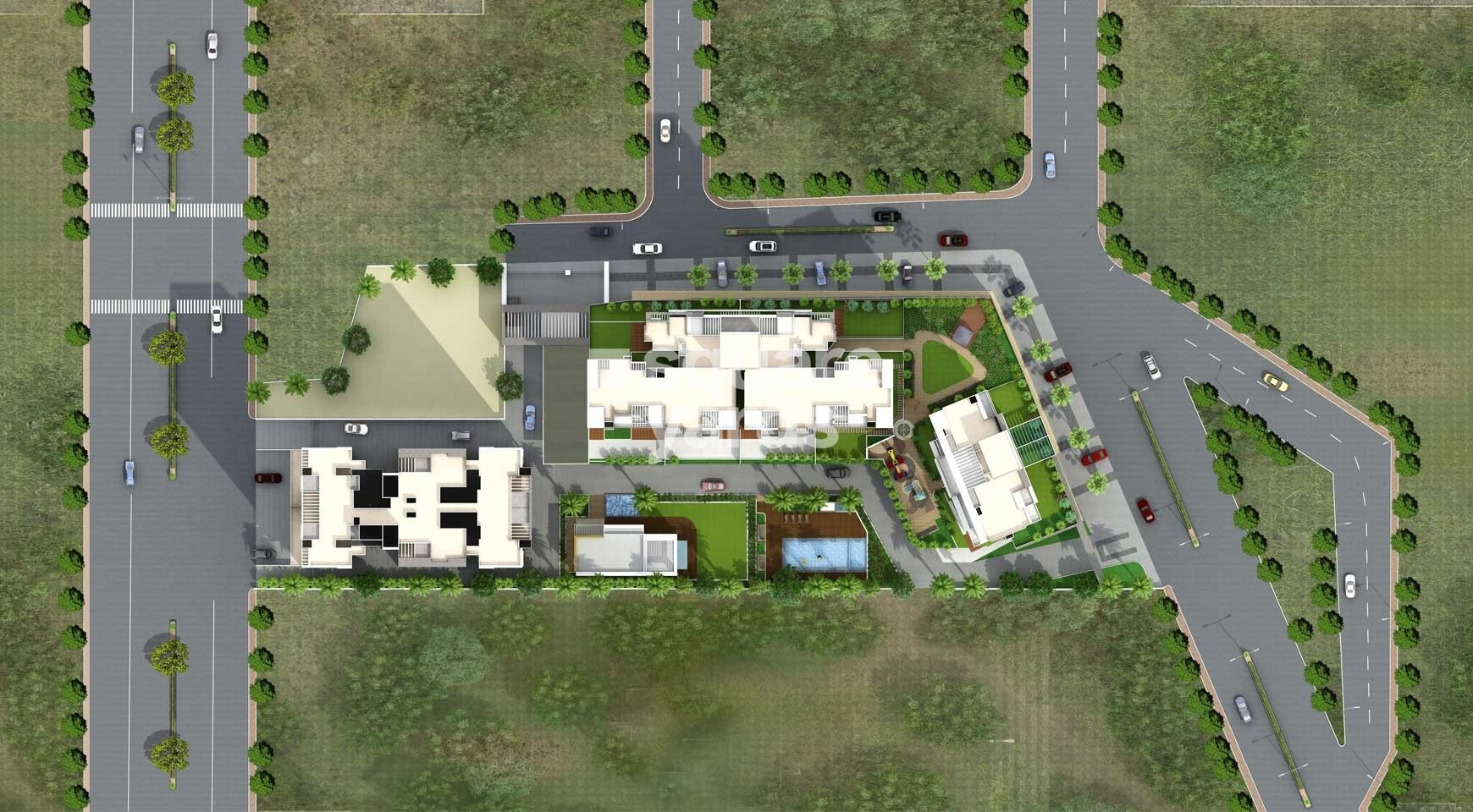 Nirman-Altius_an aerial view of a small town with a large building