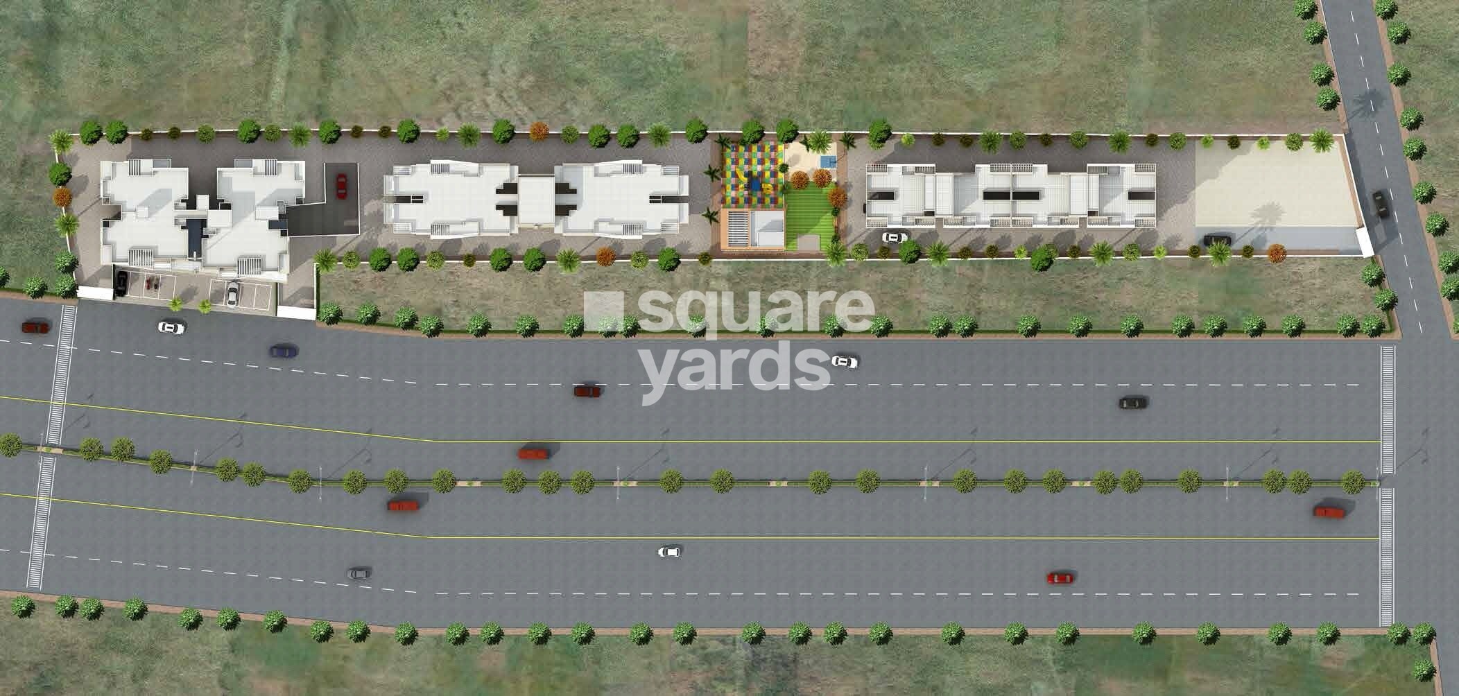 Pratham-Yash-Vrindavan_an aerial view of a building with a train on top of it