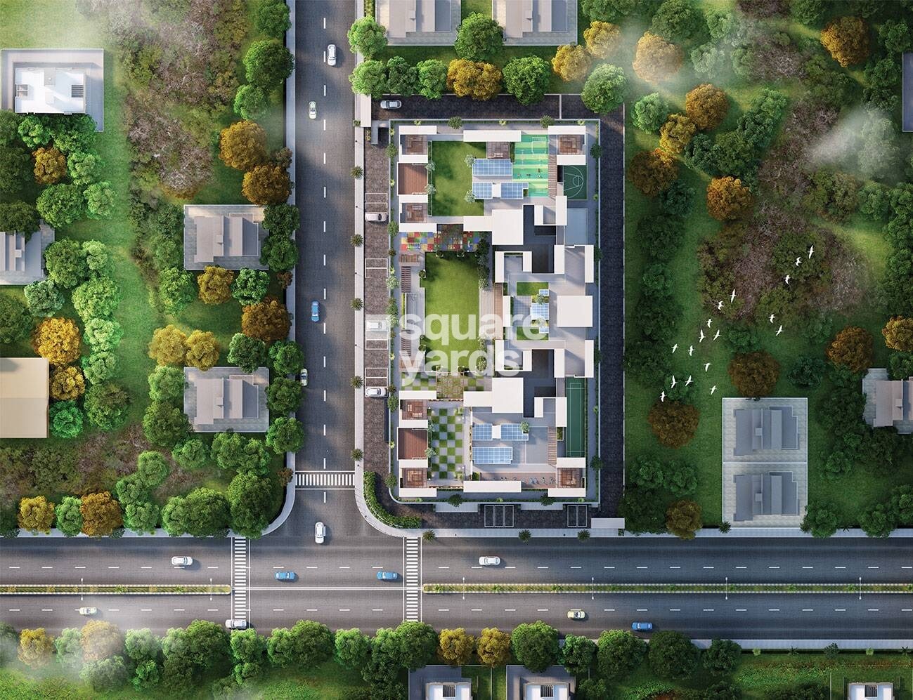 Prime-Percept-Square_a city street filled with lots of green grass