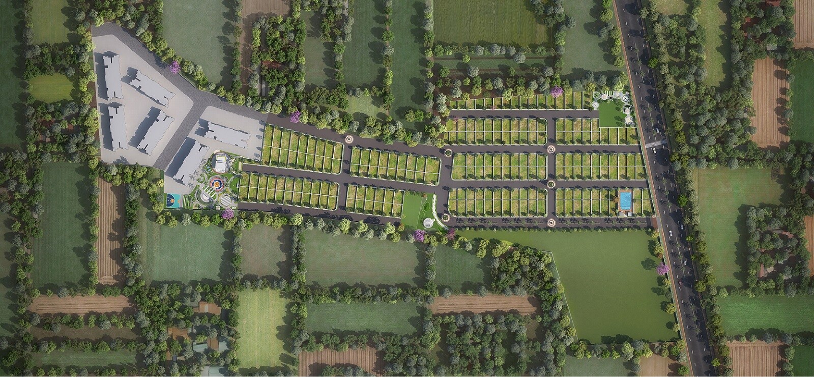 Pristine-City-Plots_an aerial view of a green field with a train on it