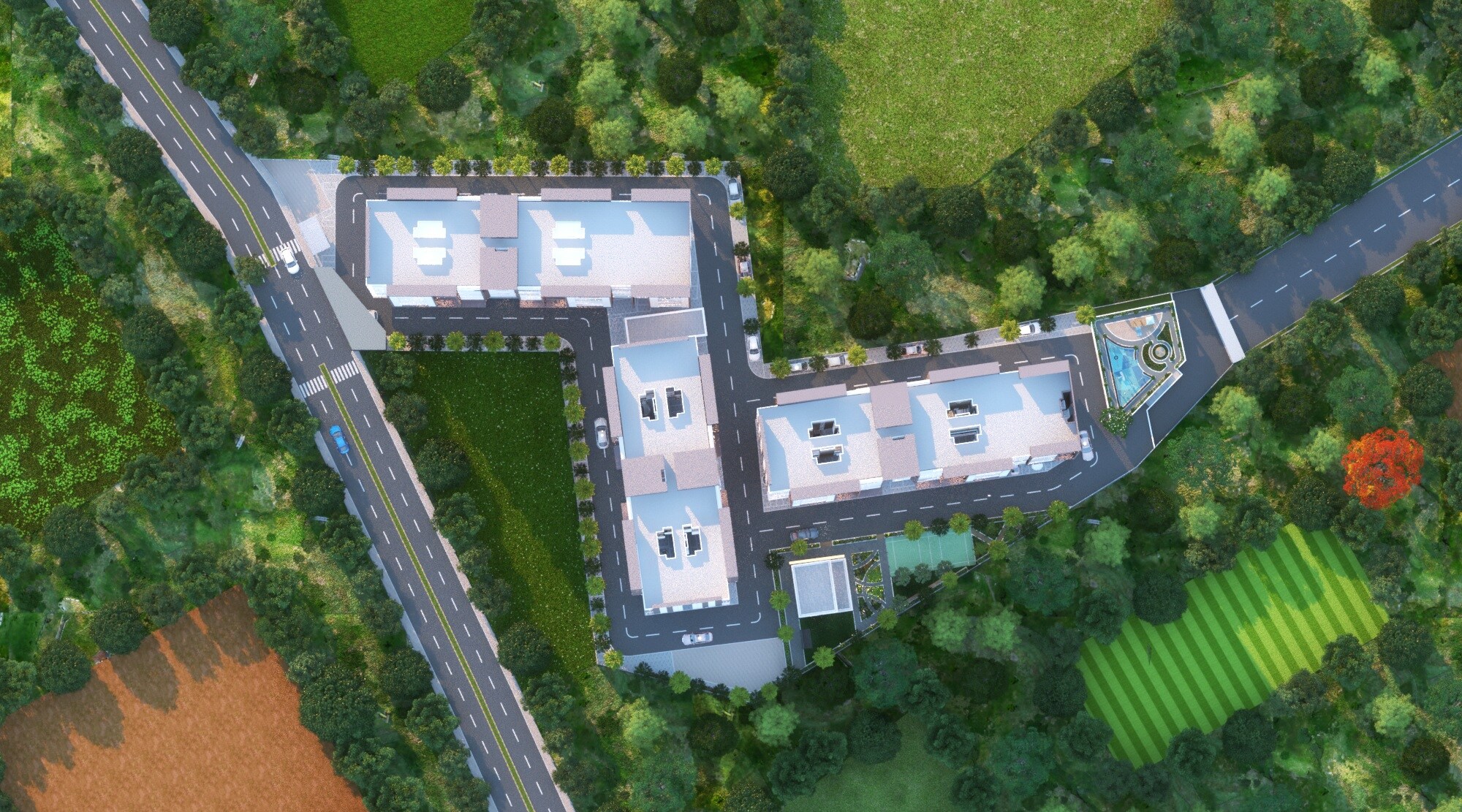 Raviraj-One-Residency_an aerial view of a building with a plane flying overhead
