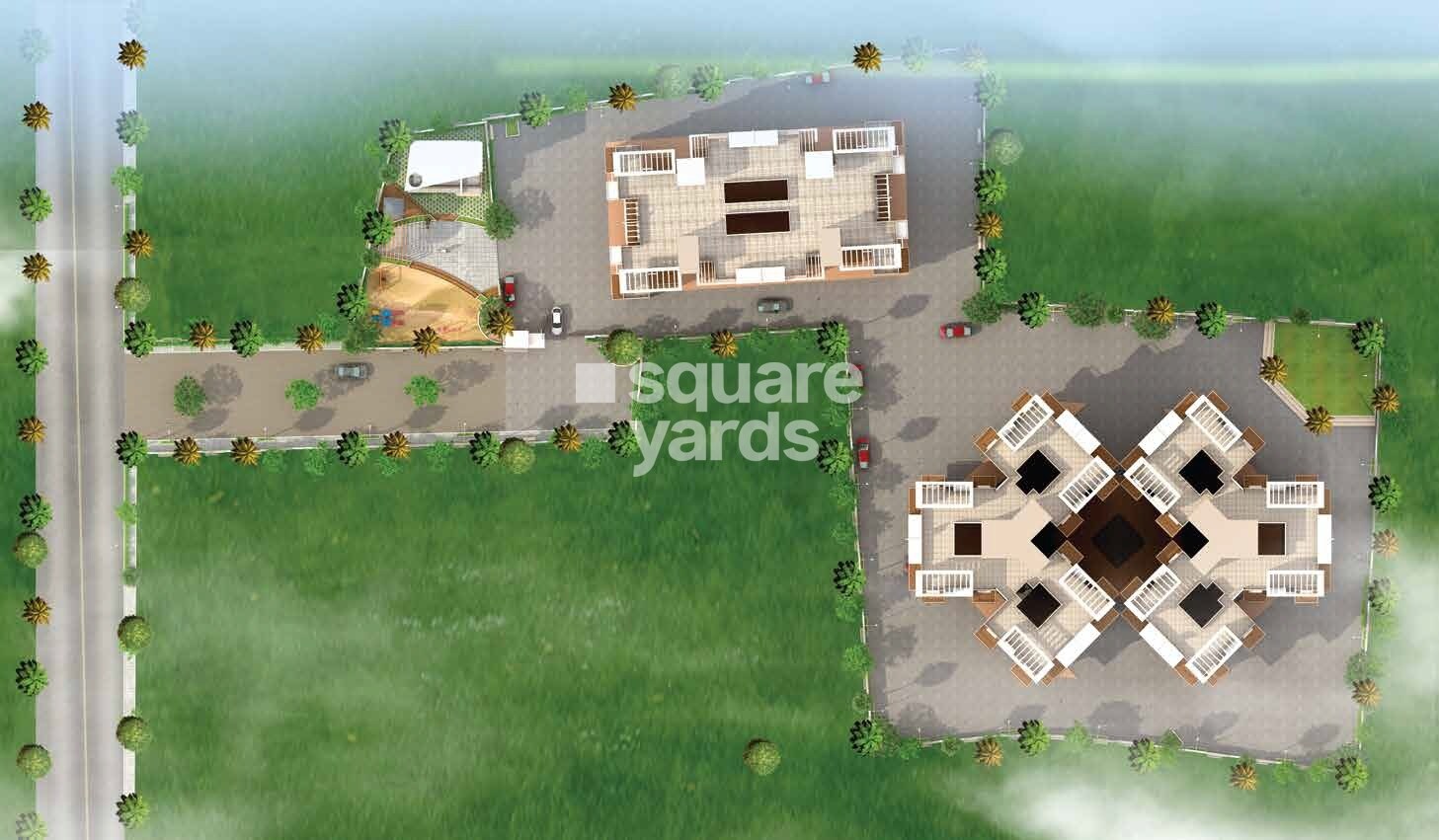 Shantai-Divine-Bliss_an aerial view of a small town with a large building