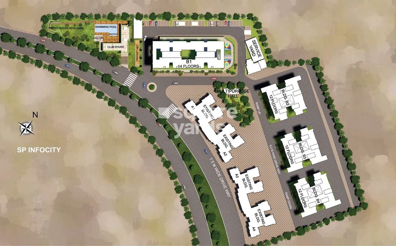 Shapoorji-Pallonji-Residency_an aerial view of a small town with a large building