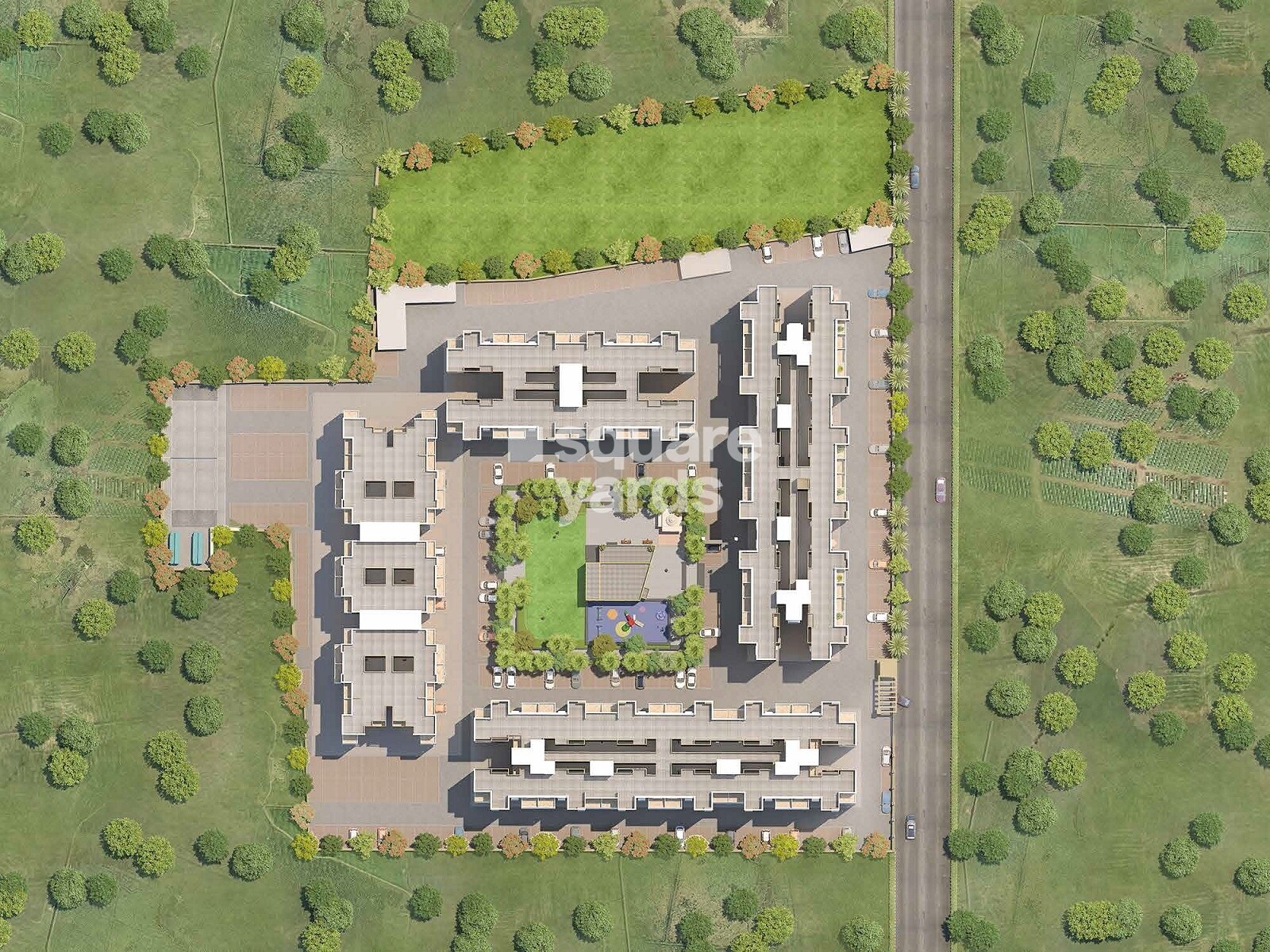 Sukhwani-Palms_an aerial view of a city with a large building