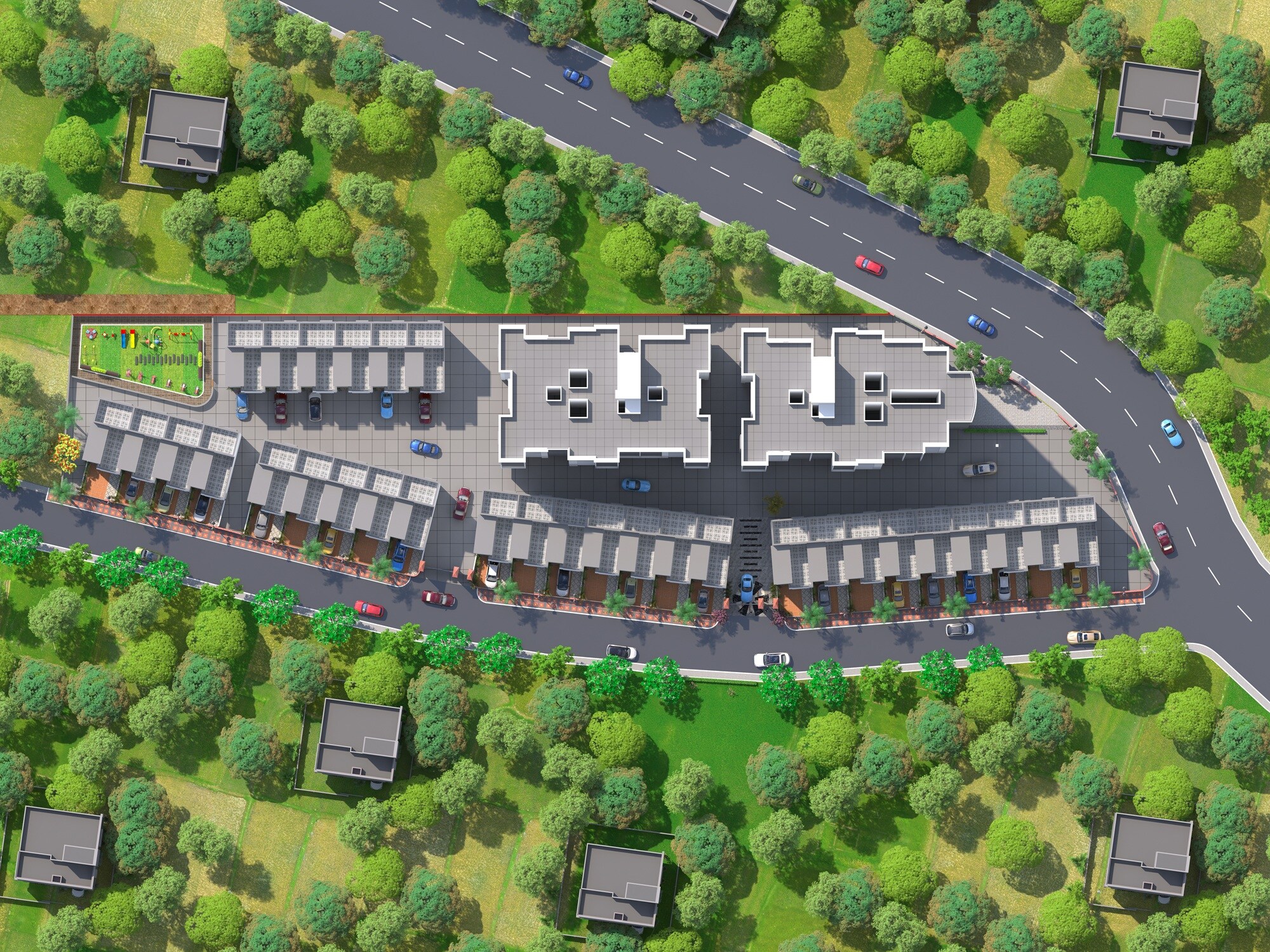 Vastu-Hilife_an aerial view of a city with a train on the tracks