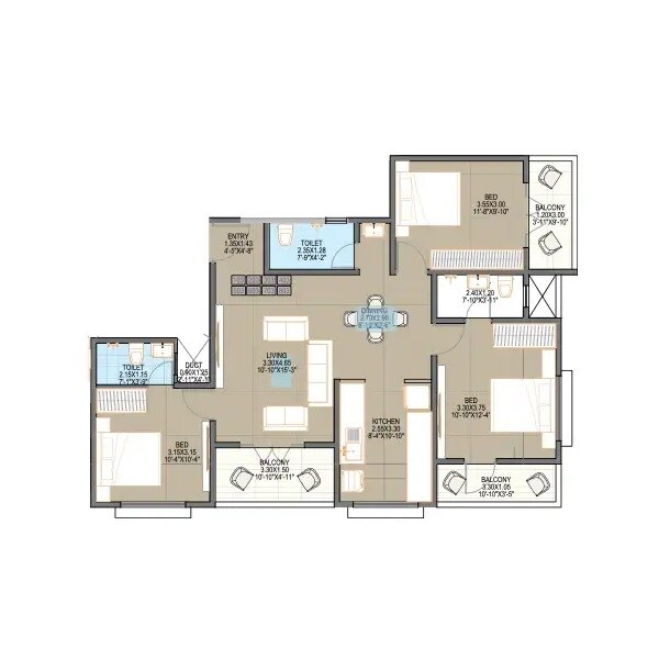 Floor plan of 3 BHK 1005 Sq. Ft. Apartment in MGP Siddhiksha, Pune