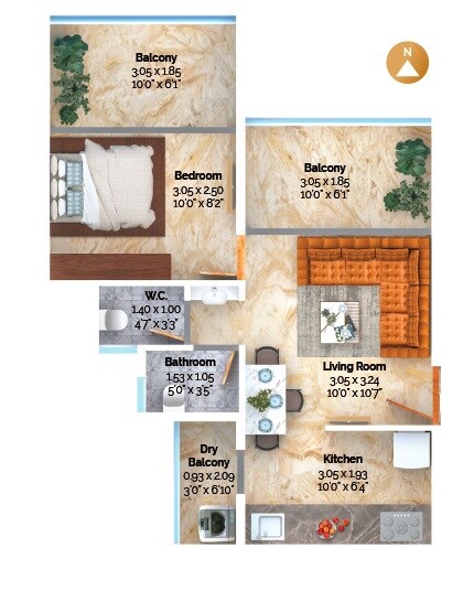 Floor plan of 1 BHK 449 Sq. Ft. Apartment in 1 Goldleaf, Pune