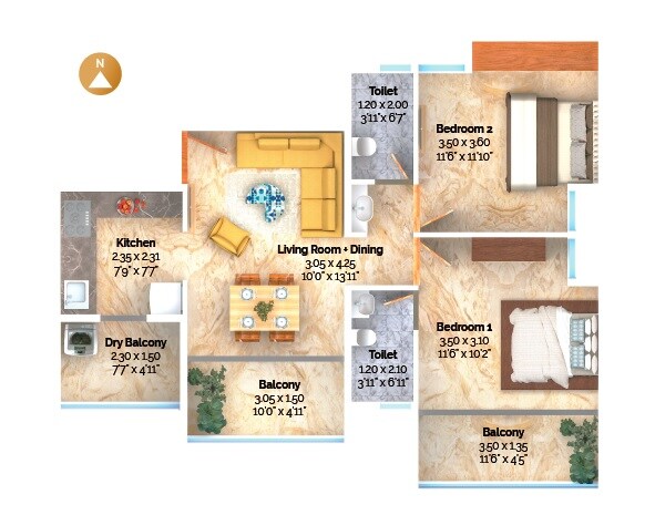 Floor plan of 2 BHK 675 Sq. Ft. Apartment in 1 Goldleaf, Pune