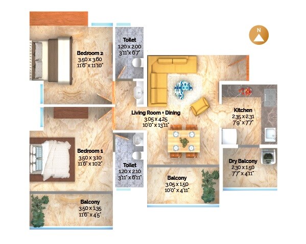 Floor plan of 2 BHK 688 Sq. Ft. Apartment in 1 Goldleaf, Pune