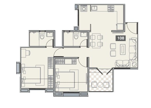 Floor plan of 2 BHK 623 Sq. Ft. Apartment in 173 West Oaks, Pune
