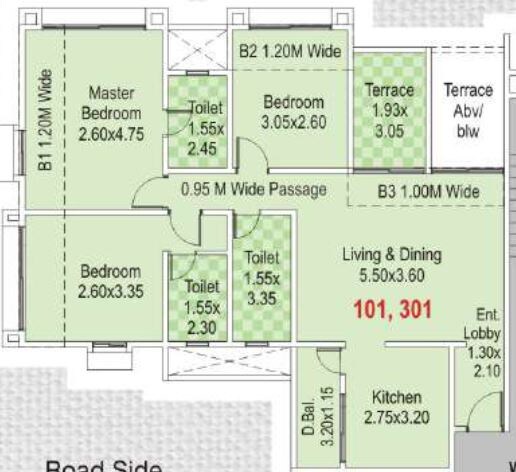 Floor plan of 3 BHK 902 Sq. Ft. Apartment in Kumar Picasso, Pune
