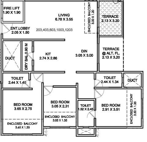 Floor plan of 3 BHK 945 Sq. Ft. Apartment in Kumar Picasso, Pune