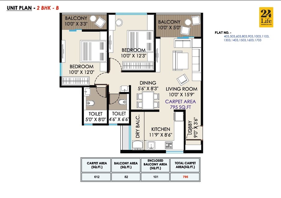 Floor plan of 2 BHK 795 Sq. Ft. Apartment in 24Life Altaa, Pune