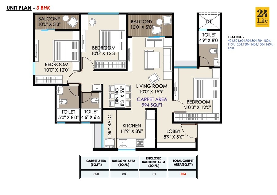 3 BHK 994 Sq. Ft. Apartment