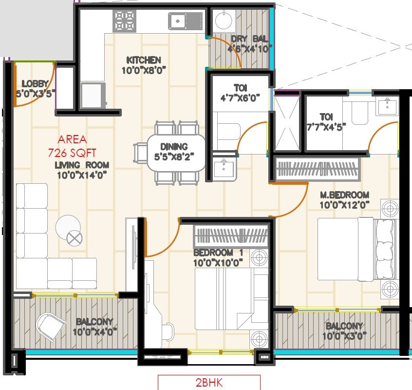 Floor plan of 2 BHK 726 Sq. Ft. Apartment in 24Life Bliss, Pune