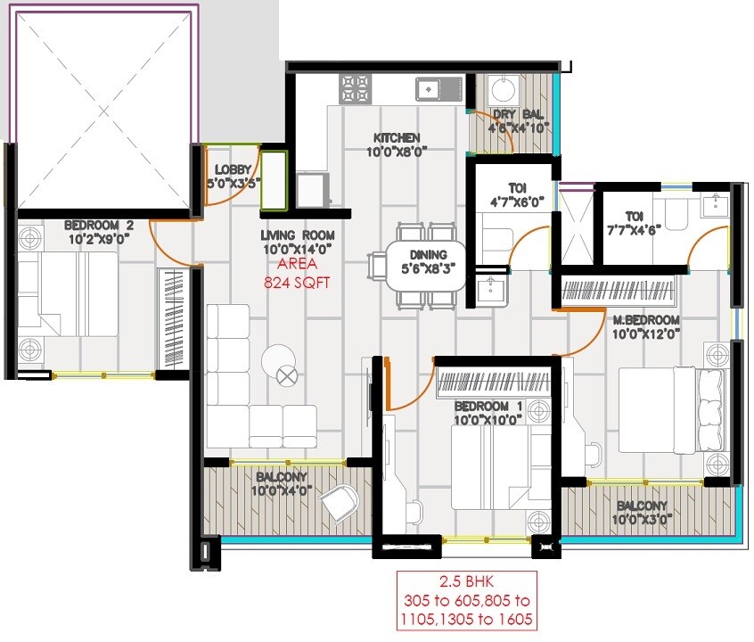 Floor plan of 2 BHK 824 Sq. Ft. Apartment in 24Life Bliss, Pune
