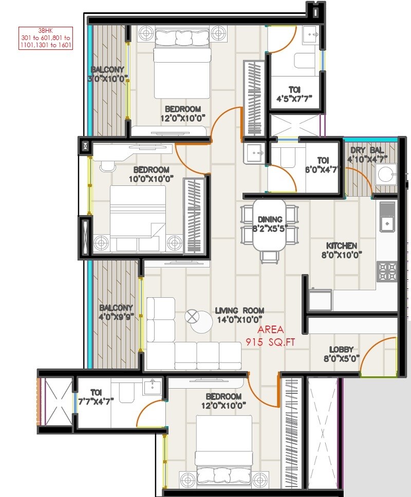 Floor plan of 3 BHK 915 Sq. Ft. Apartment in 24Life Bliss, Pune