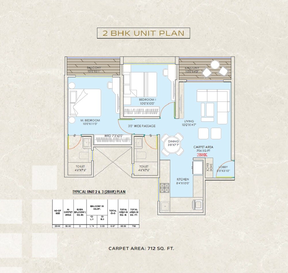 Floor plan of 2 BHK 712 Sq. Ft. Apartment in 24Life Prospeeria, Pune