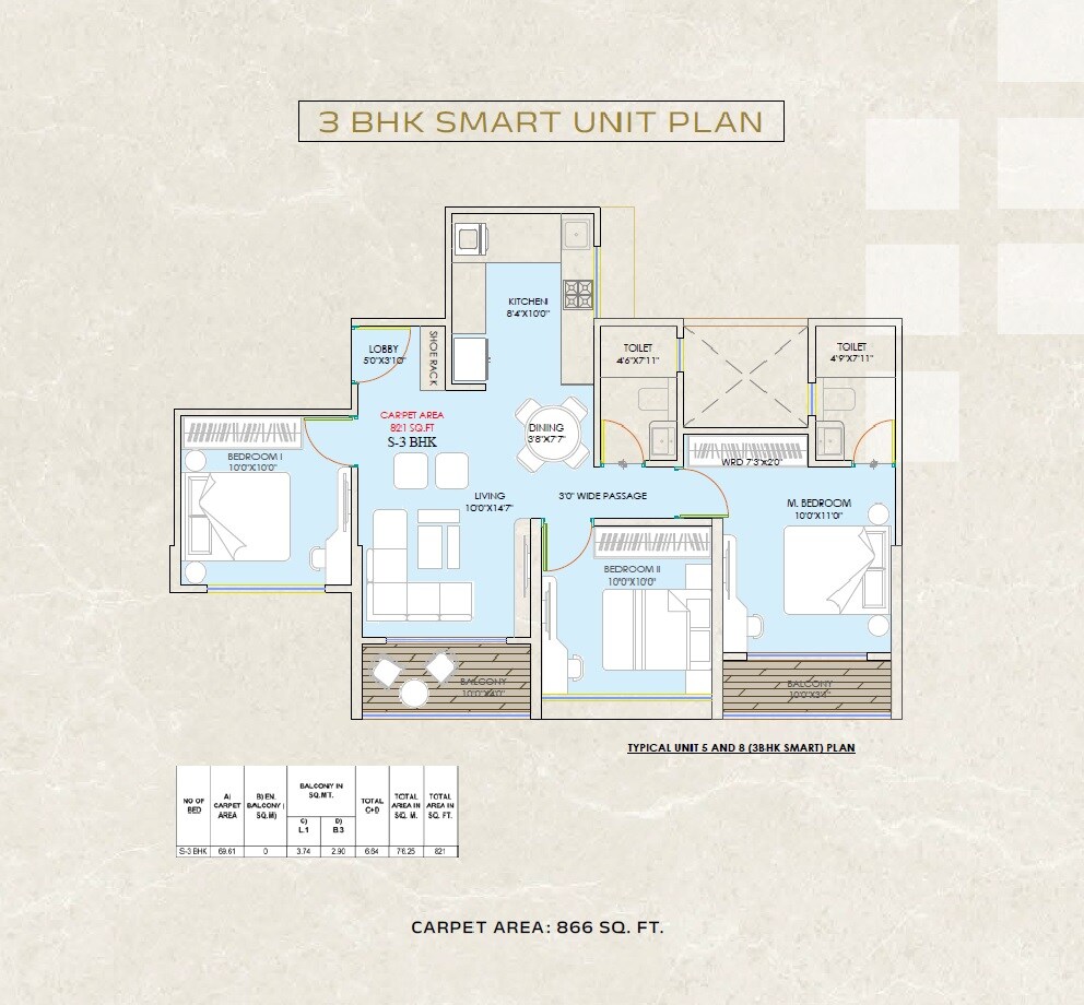 3 BHK 866 Sq. Ft. Apartment