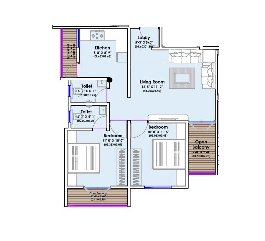 Floor plan of 2 BHK 568 Sq. Ft. Apartment in 2KV The Heritage Heights, Pune